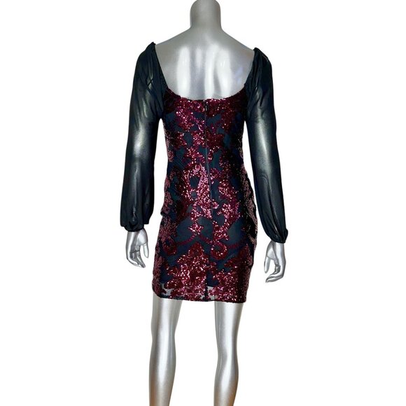 Jump Apparel Black Burgundy Damask Sequin Bodycon Mini Dress - Picture 2 of 11